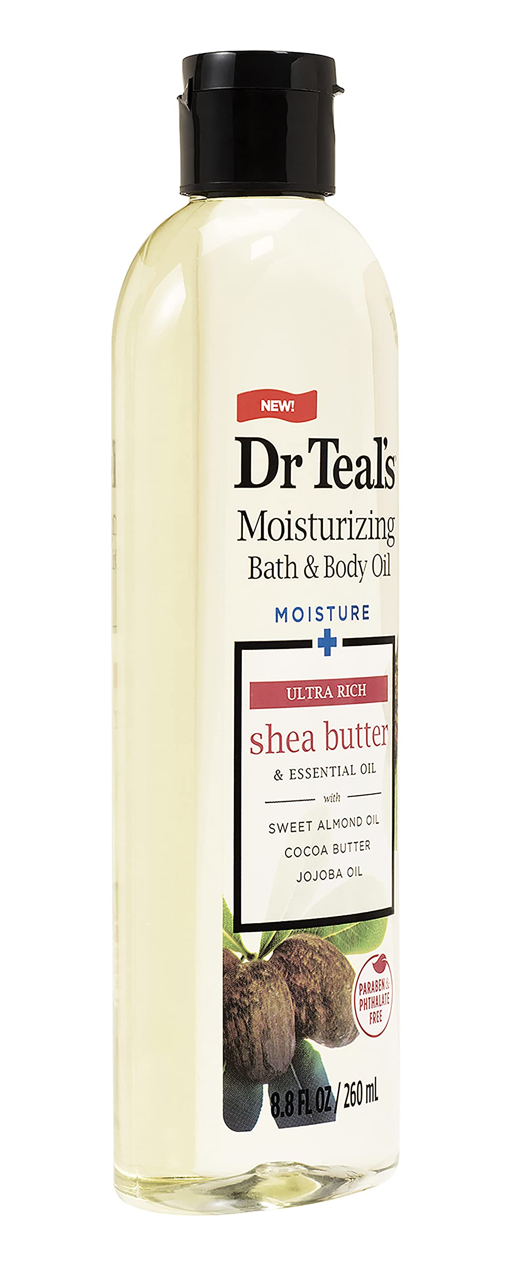 Dr. Teal's ultra rich shea butter bath oil bottles showcasing product details.