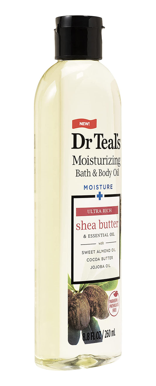 Dr. Teal's ultra rich shea butter bath oil bottles showcasing product details.