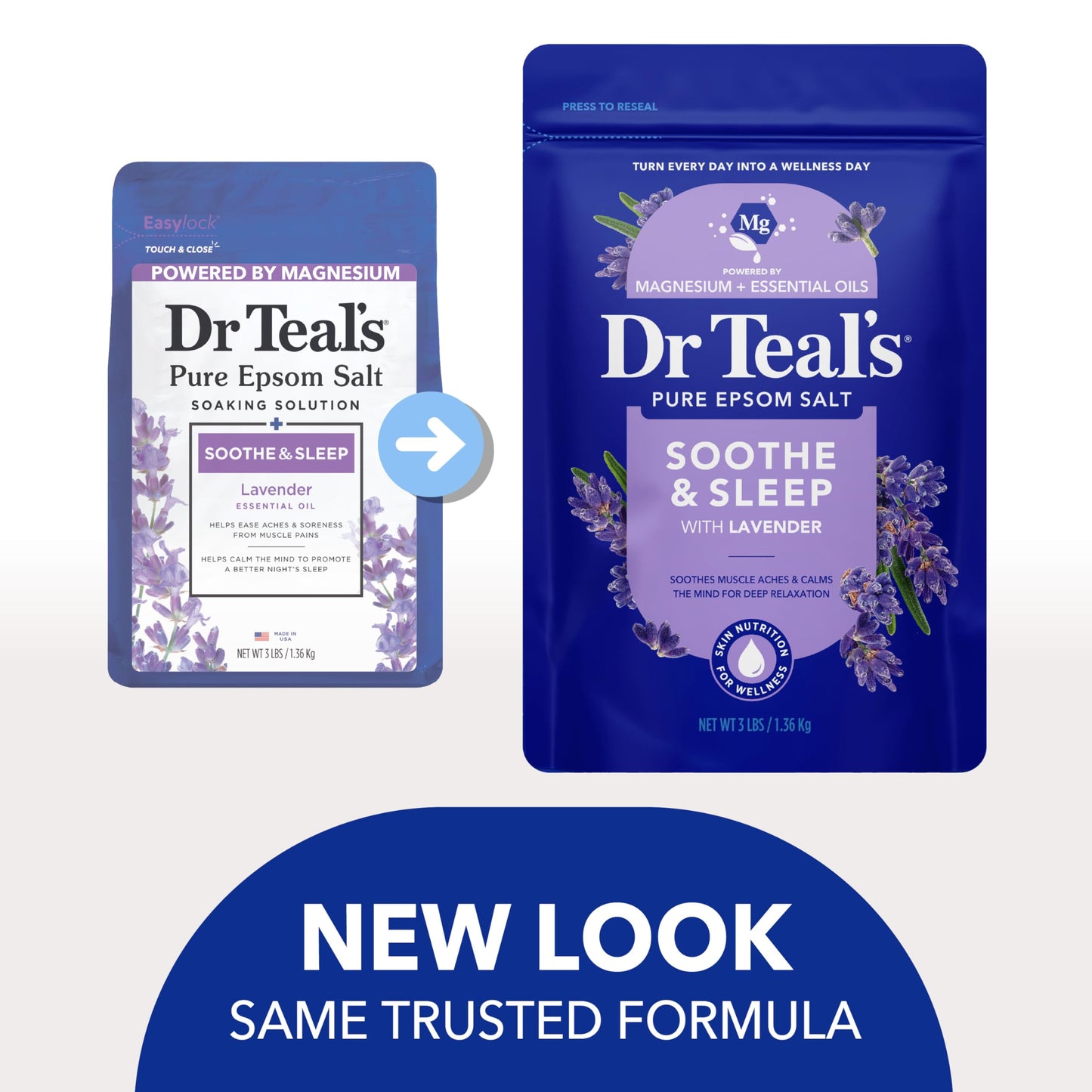 Premium lavender essential oil infused bath salts by Dr Teal's for stress relief.