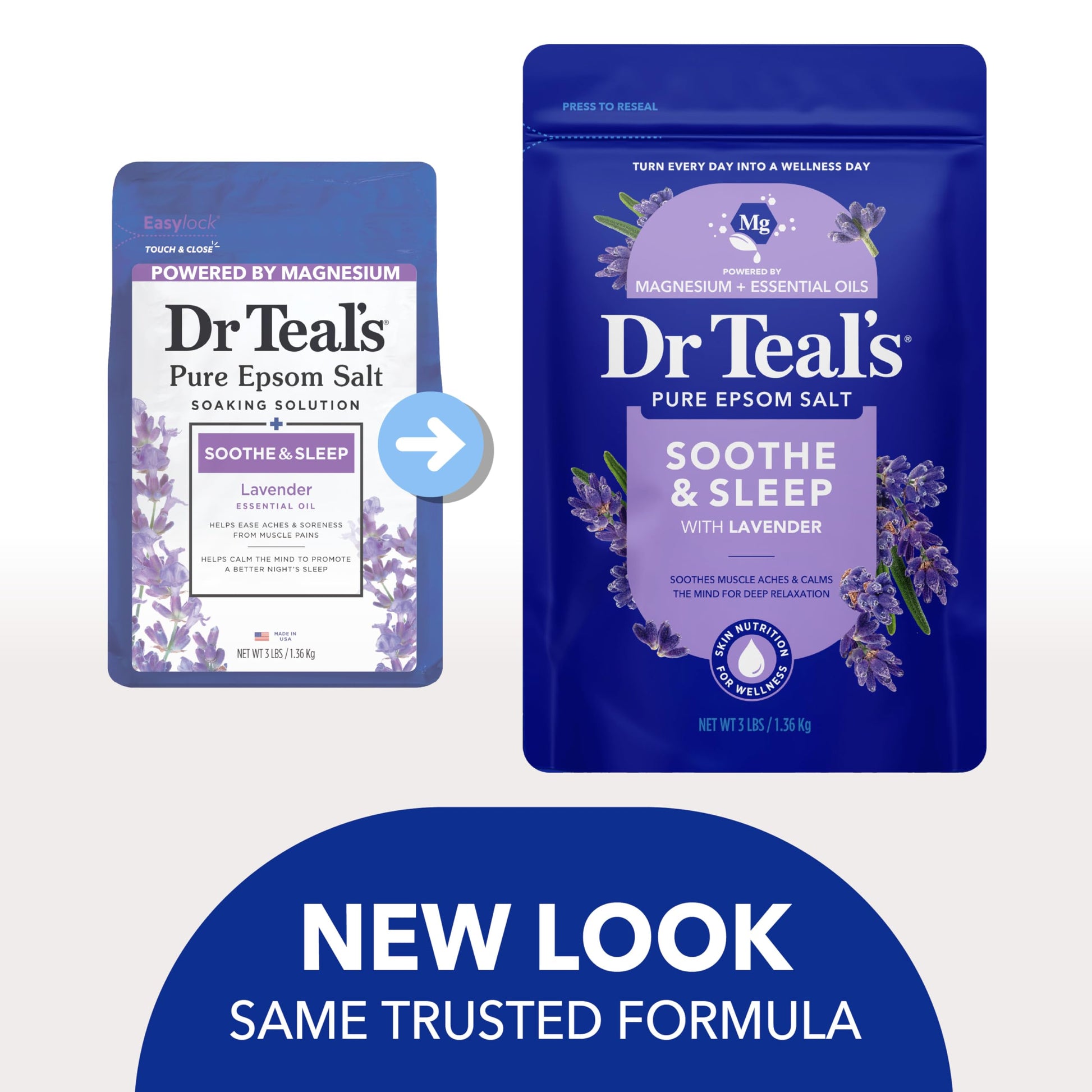 Premium lavender essential oil infused bath salts by Dr Teal's for stress relief.
