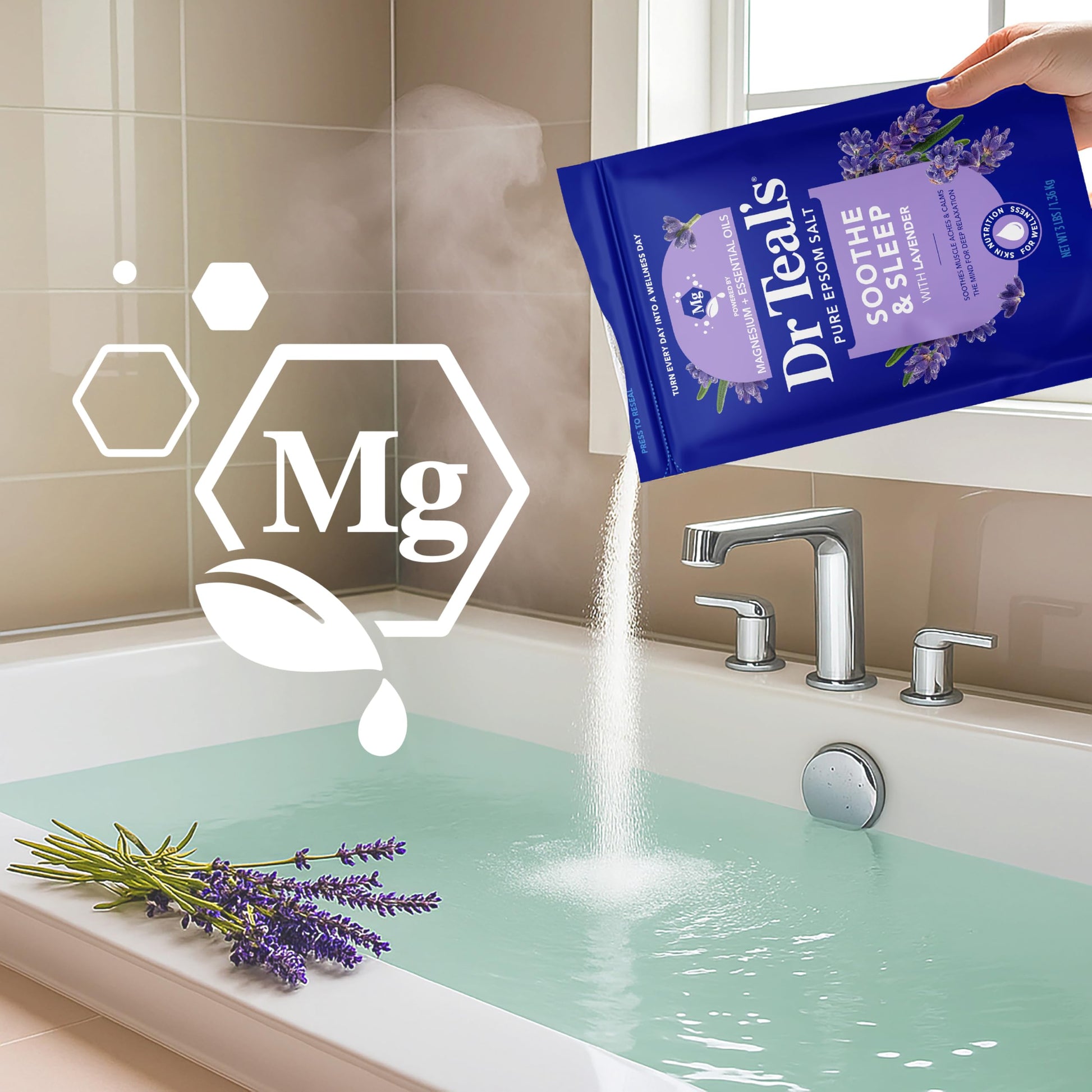 USA imported Dr Teal's lavender bath salt bag showing directions for use.