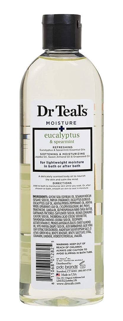 Close up view of the ingredients list on the back of Dr Teals bath oil packaging