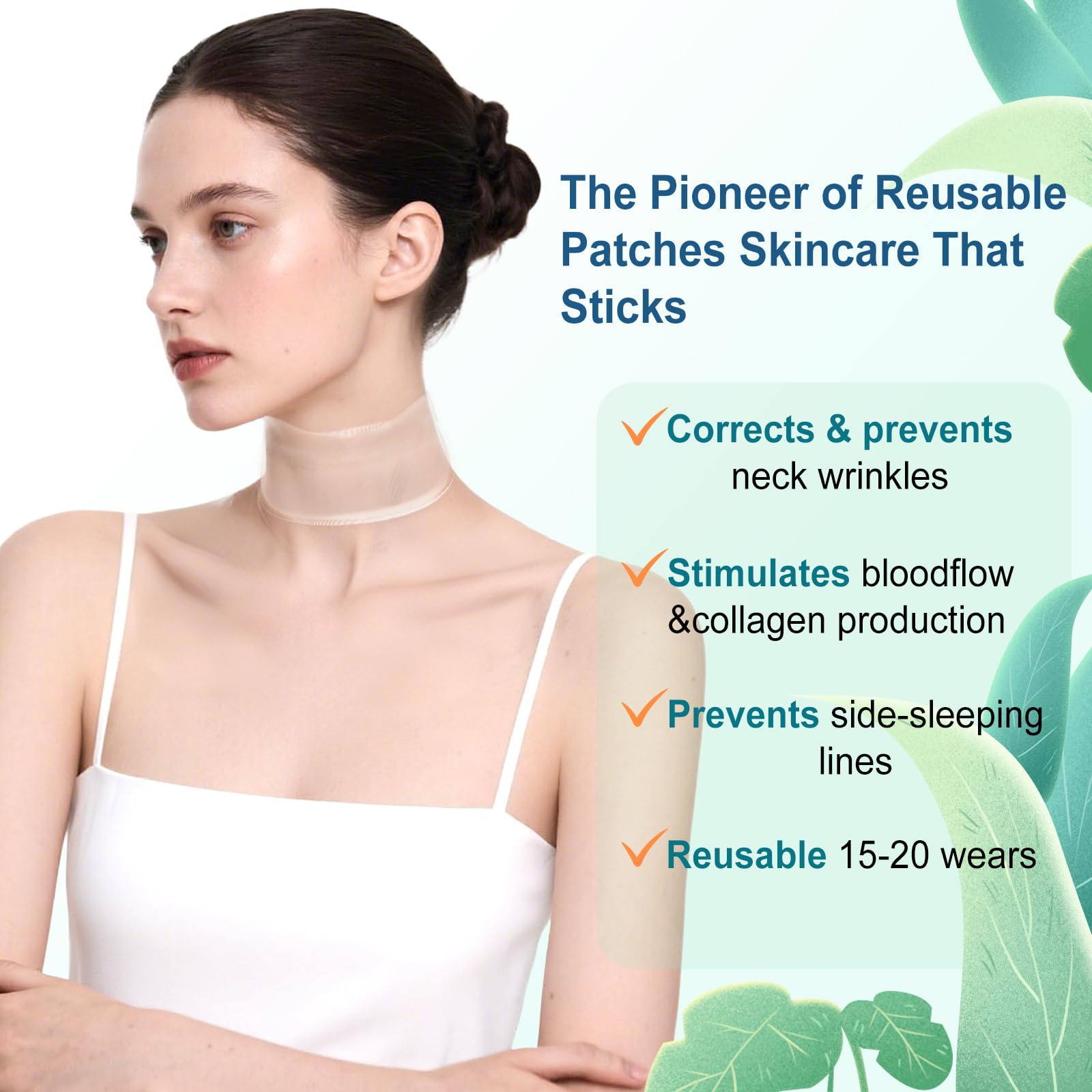 Demonstration of the reusable overnight anti wrinkle patch being applied smoothly onto a clear neck surface.