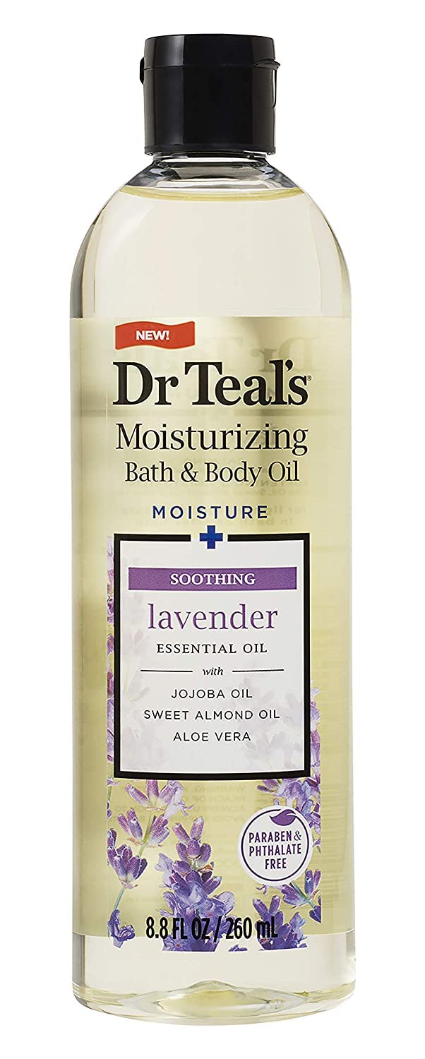 Dr. Teal's lavender essential oil body blend for night time relaxation and evening skincare routine.