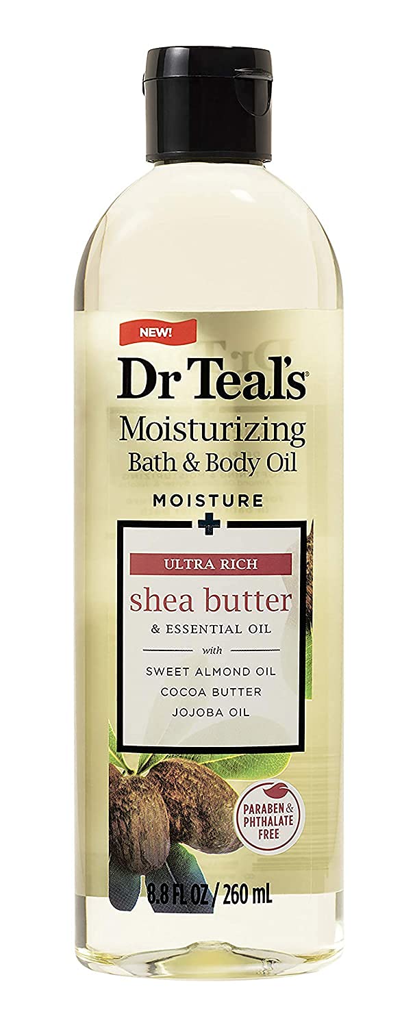 The complete packaging of Dr. Teal's two pack bath and body oil gift set showing the imported authentic American design.
