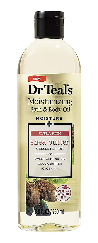 The complete packaging of Dr. Teal's two pack bath and body oil gift set showing the imported authentic American design.