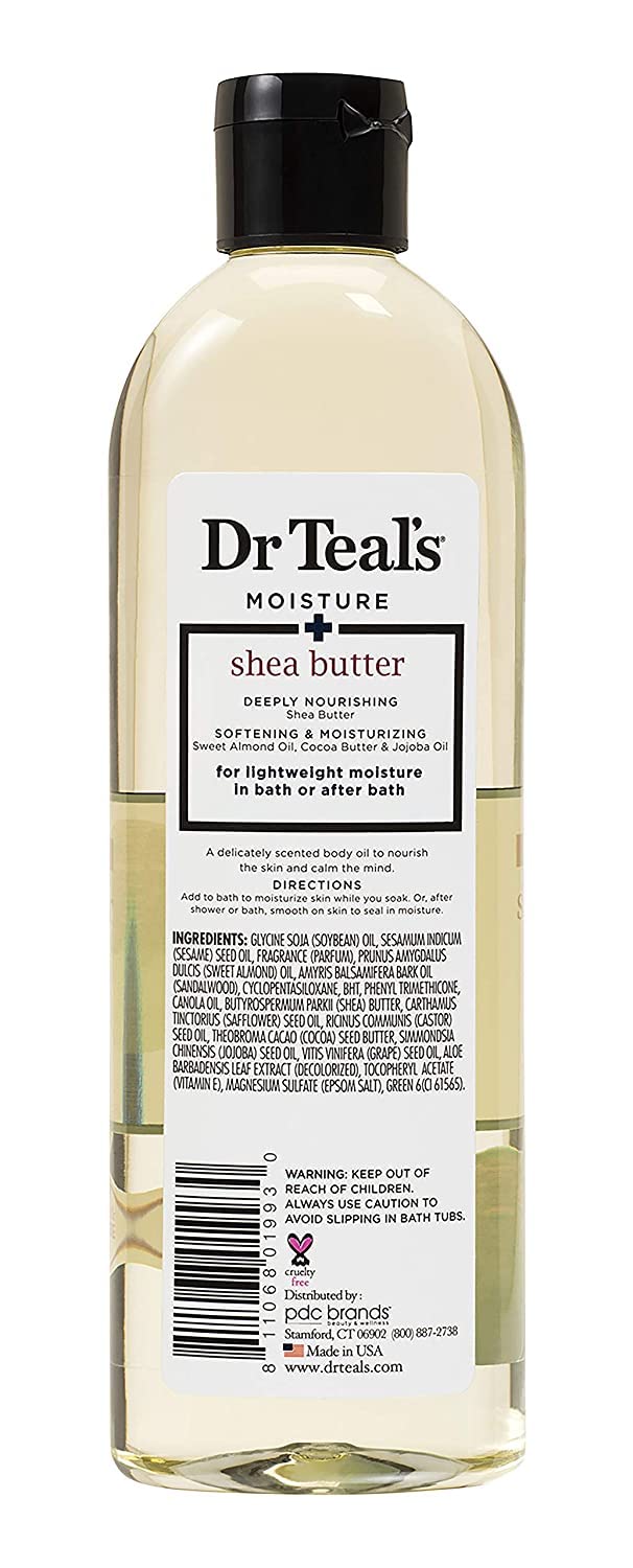 Dr Teal's bath and body oil bottles showing product texture and packaging
