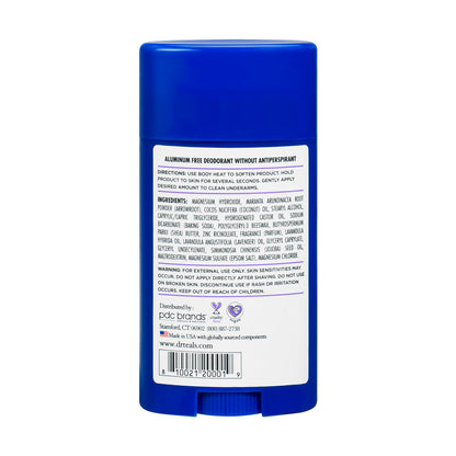 Back label view of Dr Teal's lavender vanilla deodorant showing authentic manufacturing details