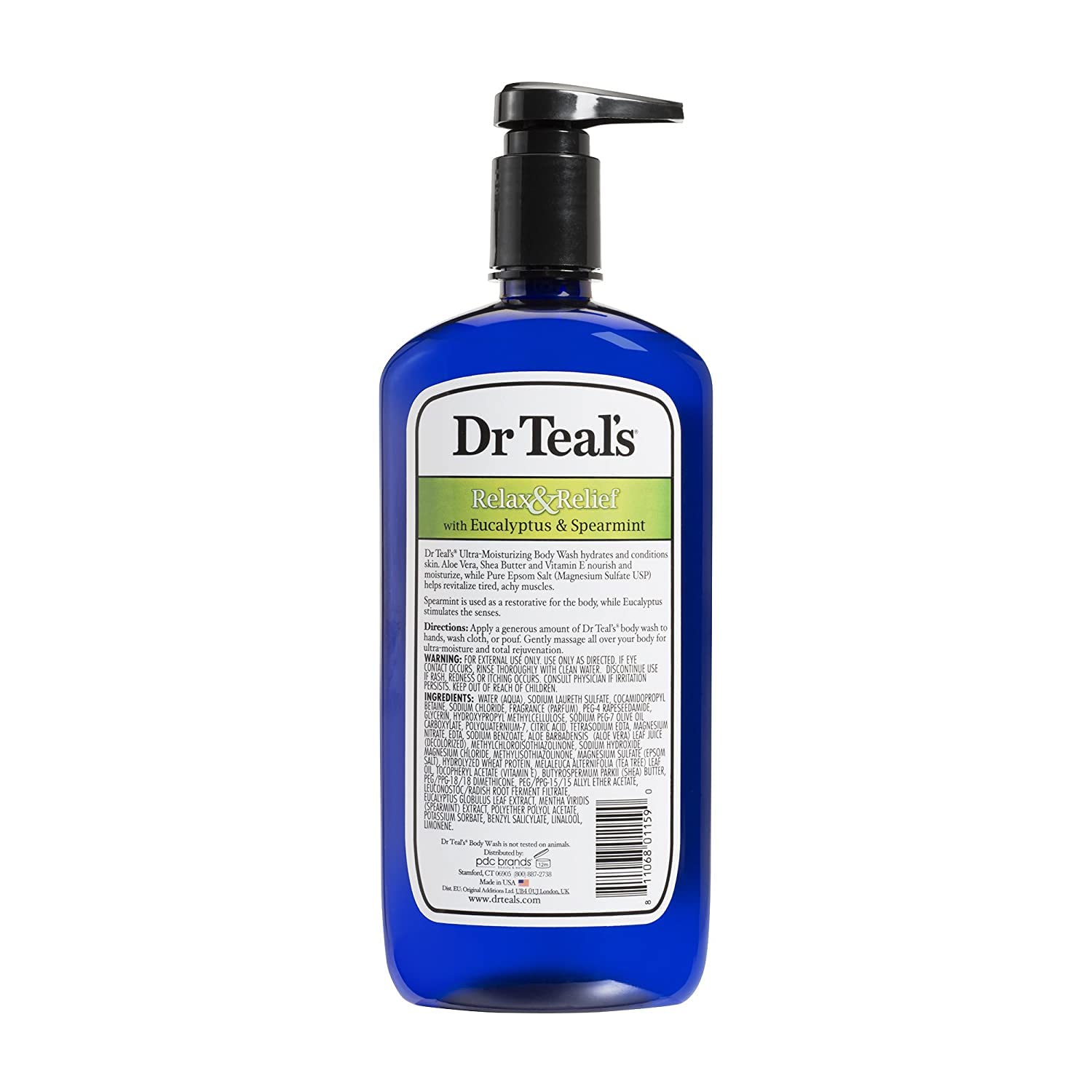 Dr Teal's Soothe and Sleep lavender body wash bottle showcasing the pure Epsom salt ingredient details clearly.