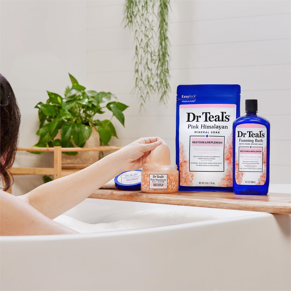 Dr Teal's exfoliating salt scrub highlighting the bergamot and sweet orange essential oil ingredients for aromatherapy