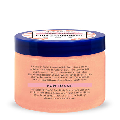 Dr Teal's Pink Himalayan Sea Salt scrub container showcasing the 16 ounce size label and hydration benefits