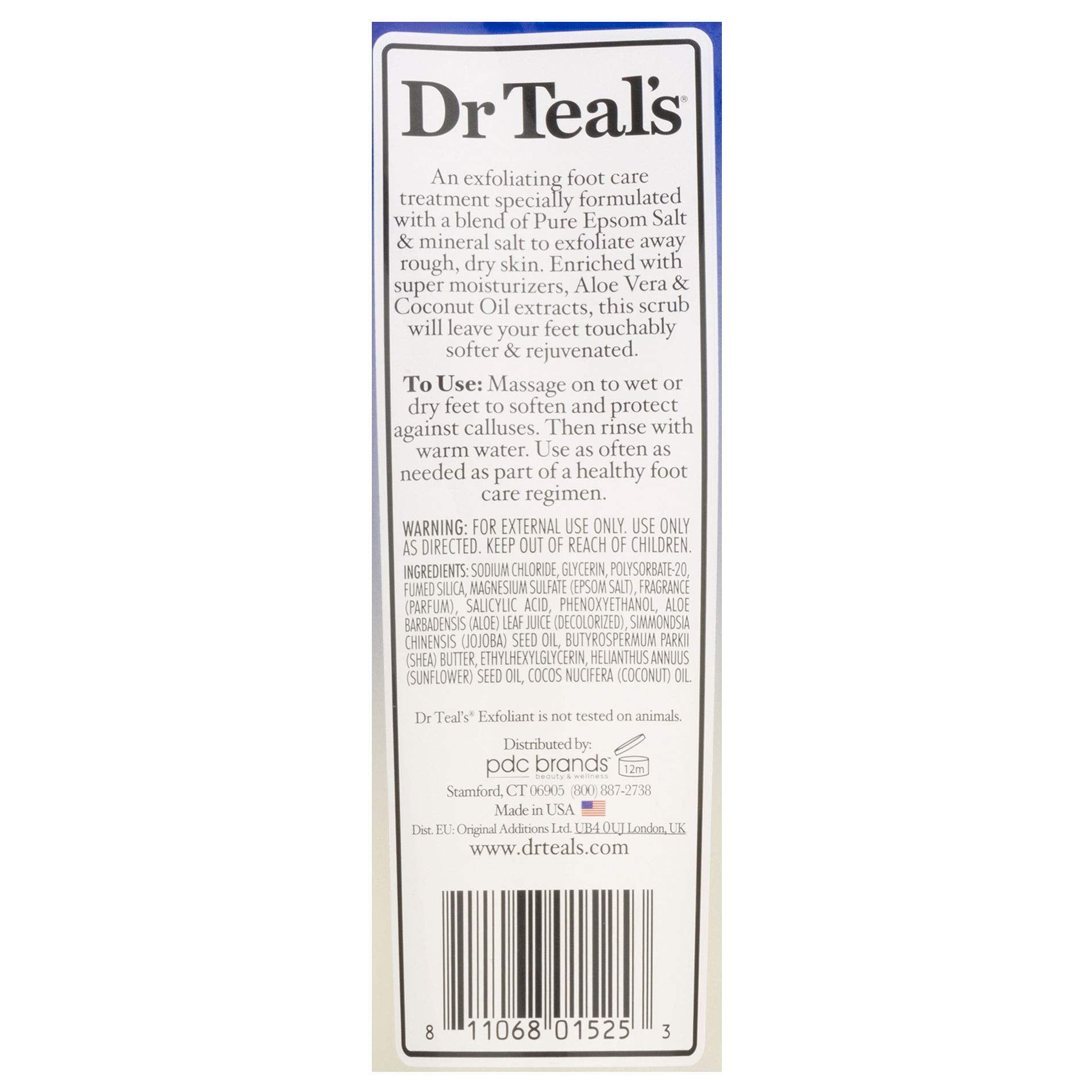 Back packaging labels of Dr Teal's foot care exfoliant with coconut oil and directions for softening heels.