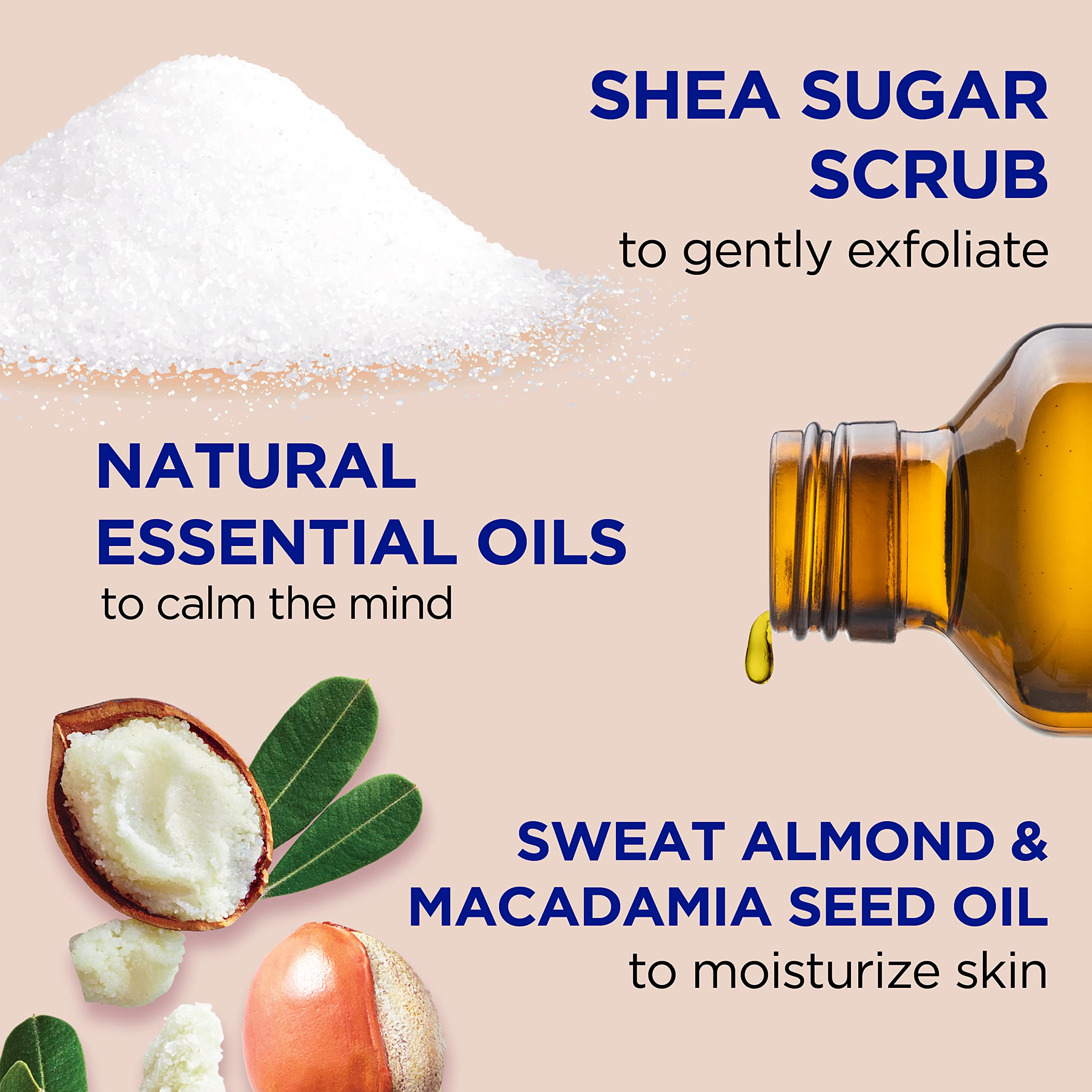 Dr Teal's Shea Sugar Scrub jar showing key ingredients like shea butter and almond oil.