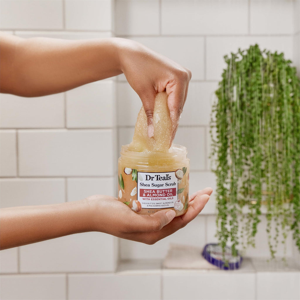 Back label of Dr Teal's body scrub detailing ingredients and usage instructions