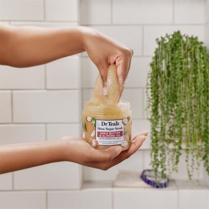 Close up view of the authentic imported Dr Teal's moisturizing body scrub container.