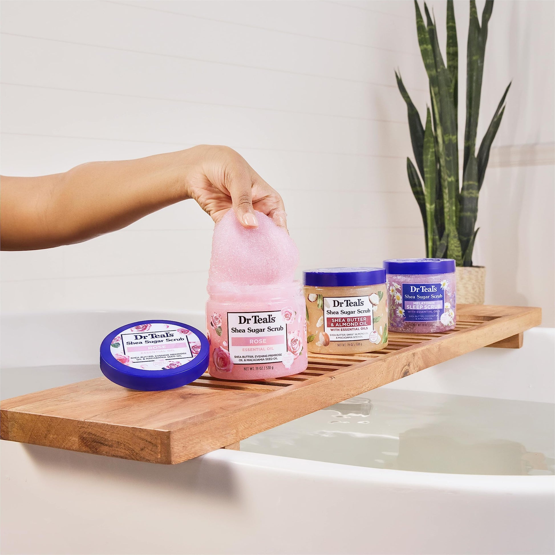 Dr Teal's vegan and paraben free body scrub highlighting the clean beauty formula.