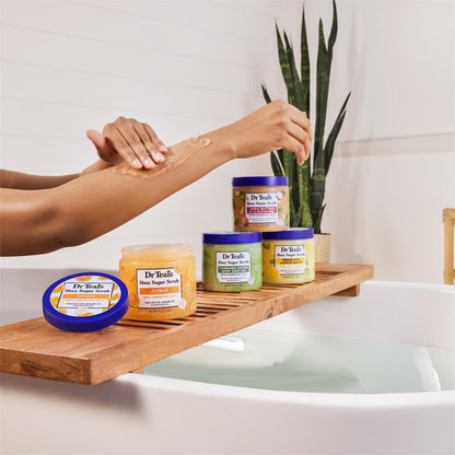 Dr Teal's exfoliating sugar scrub jar showing the application directions and product usage.