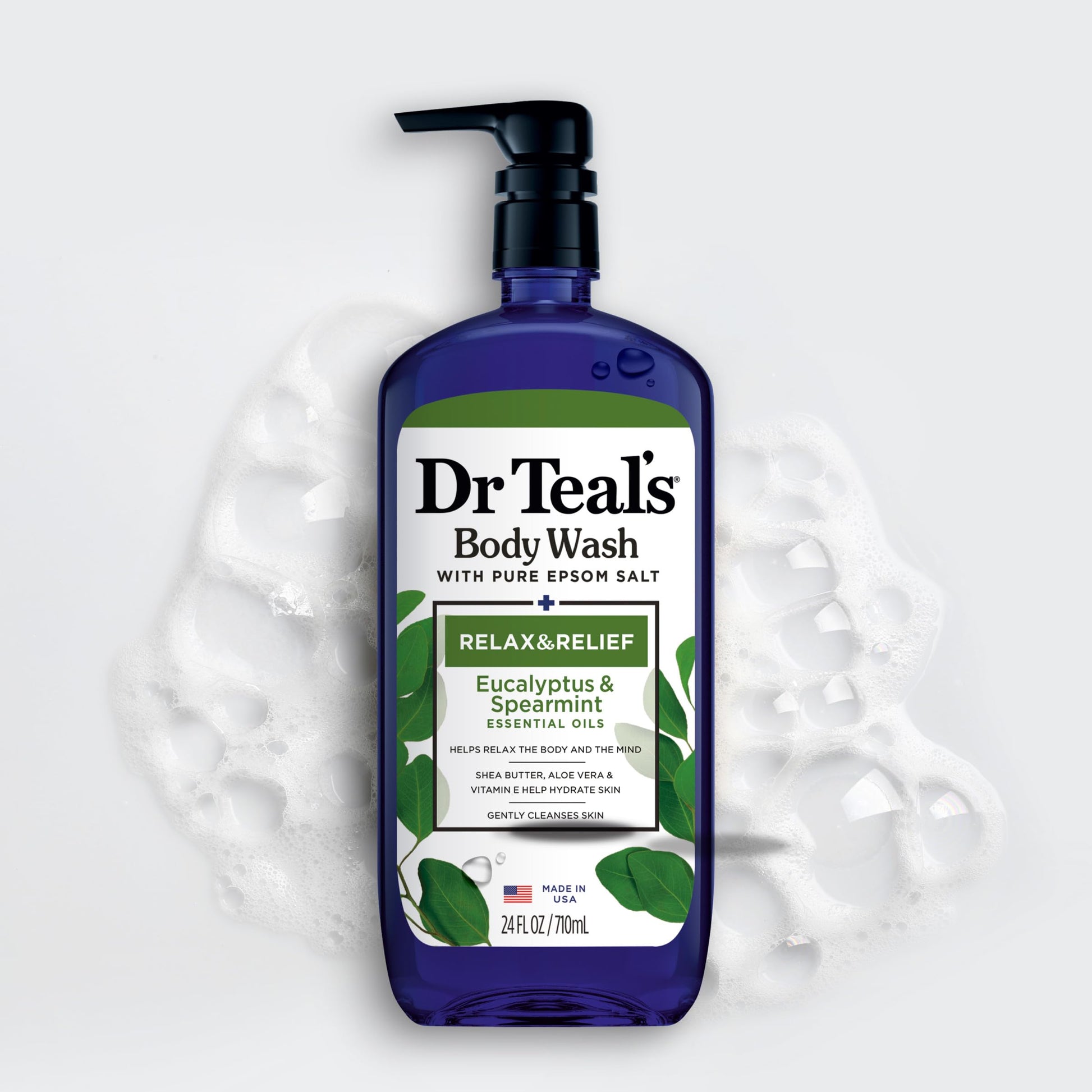 Dr Teal's twenty four fluid ounce bottles showcasing the authentic USA imported seal