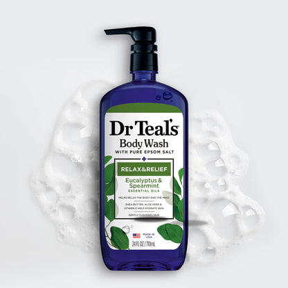 Dr Teal's twenty four fluid ounce bottles showcasing the authentic USA imported seal