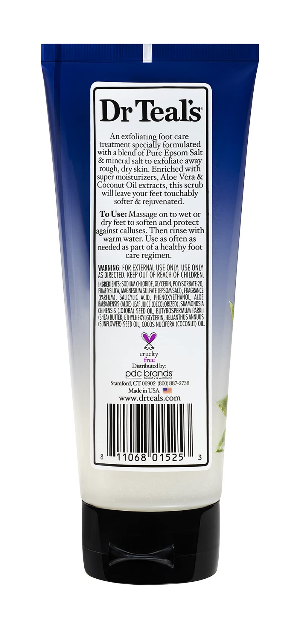 Dr. Teal's Epsom salt softening remedy foot scrub tube back label with usage instructions.