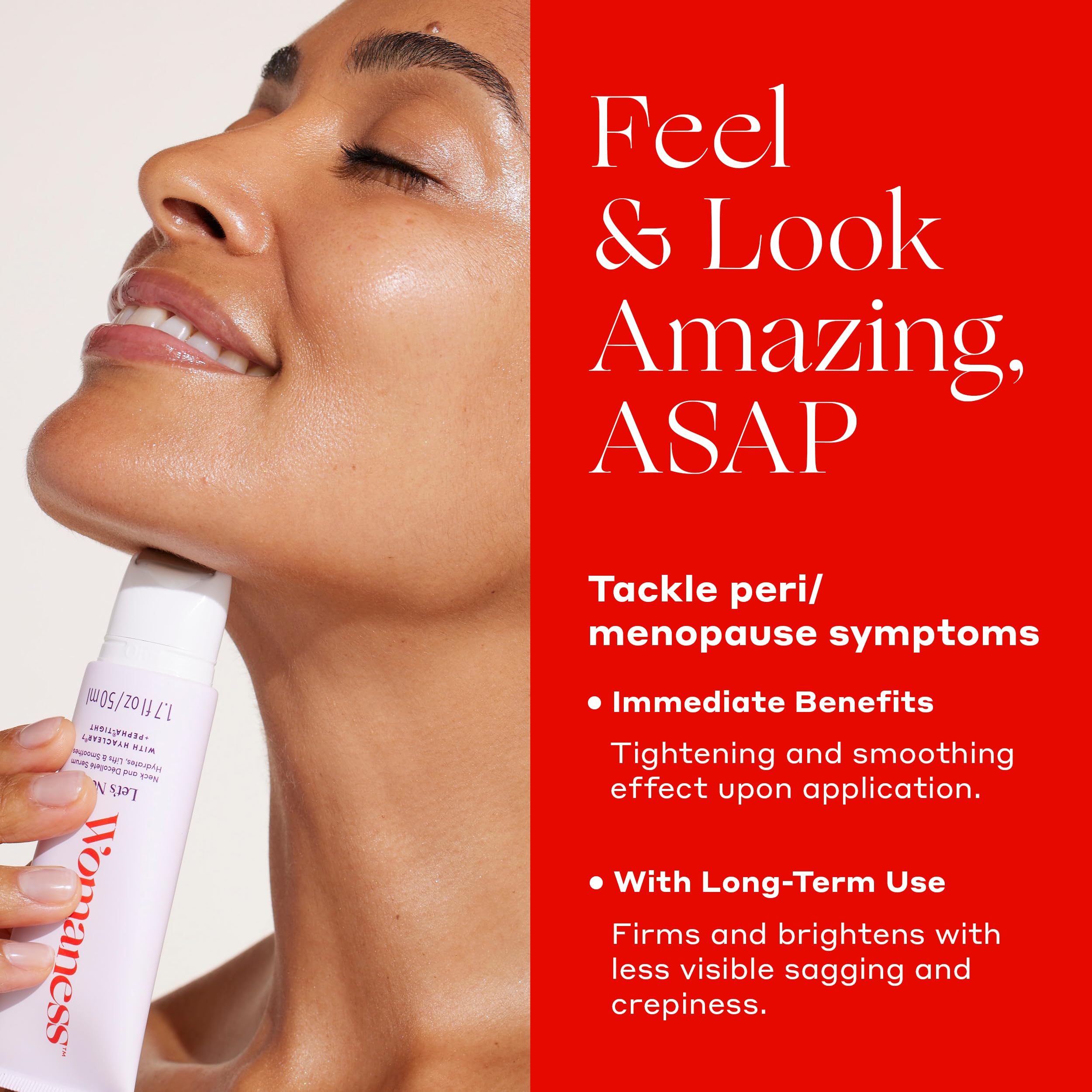 Close up of Womaness Let’s Neck serum bottle and roller