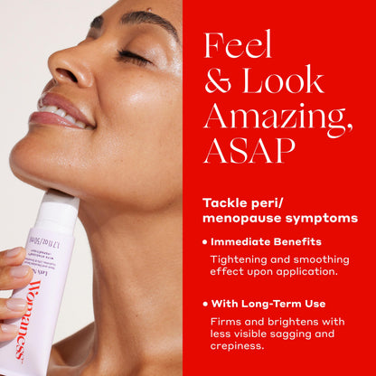 Close up of Womaness Let’s Neck serum bottle and roller