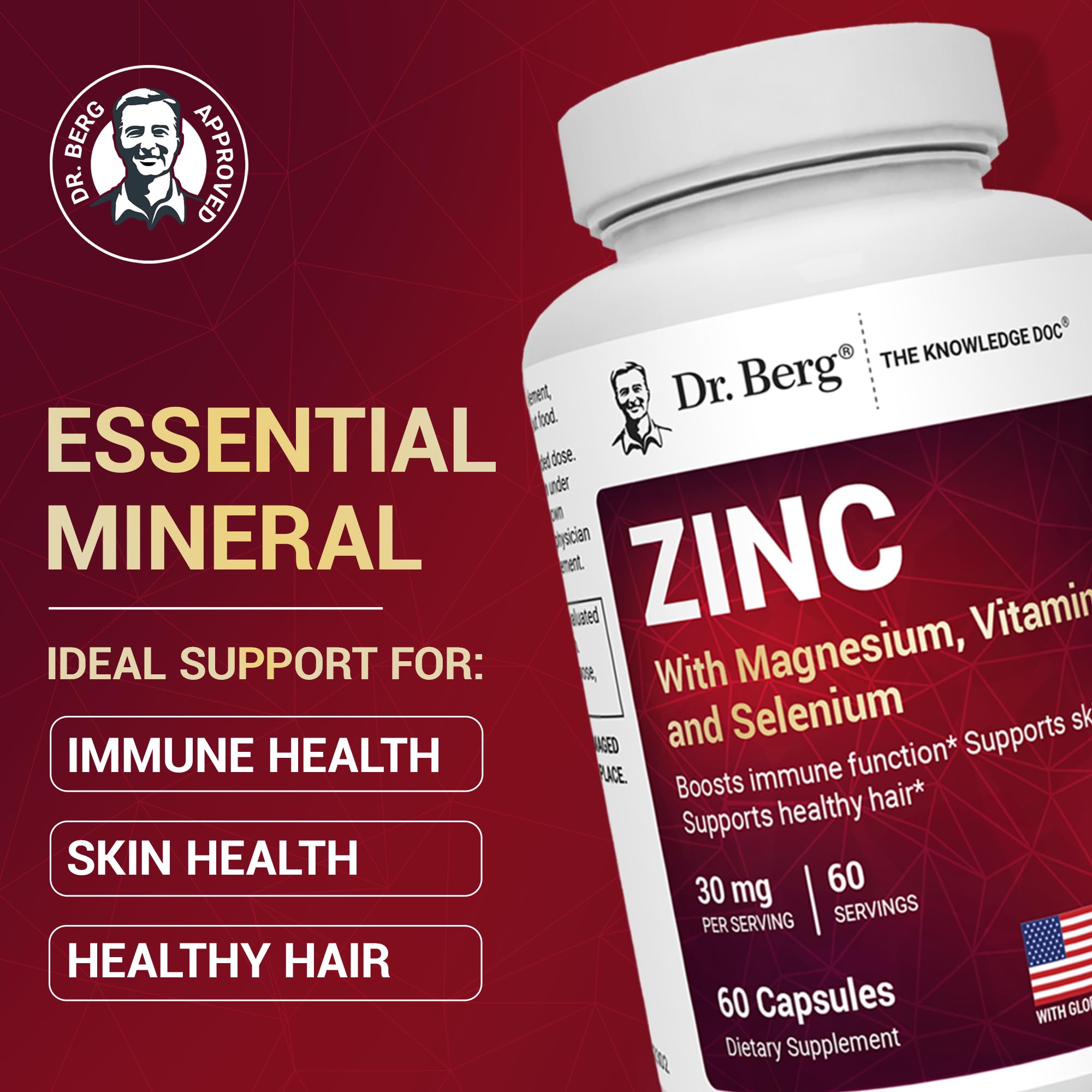 Dr. Berg chelated zinc with magnesium supplement facts label displaying premium ingredients