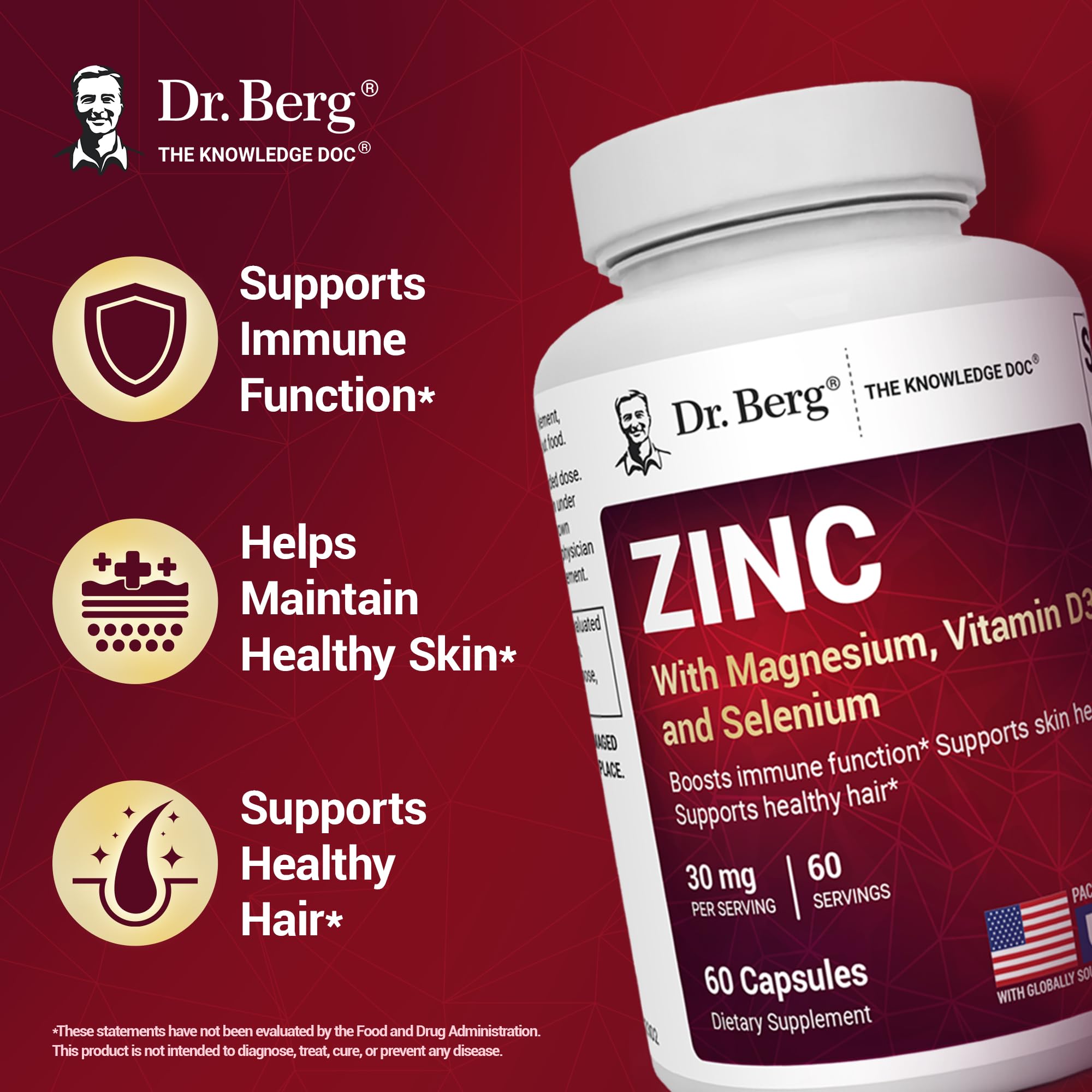 Side profile of USA imported Dr Berg zinc 60 capsules bottle highlighting hair and skin benefits
