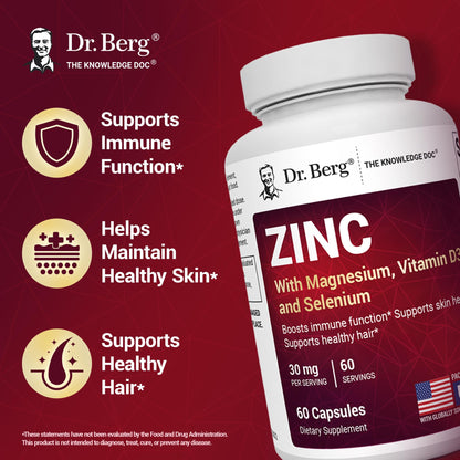 Side profile of USA imported Dr Berg zinc 60 capsules bottle highlighting hair and skin benefits