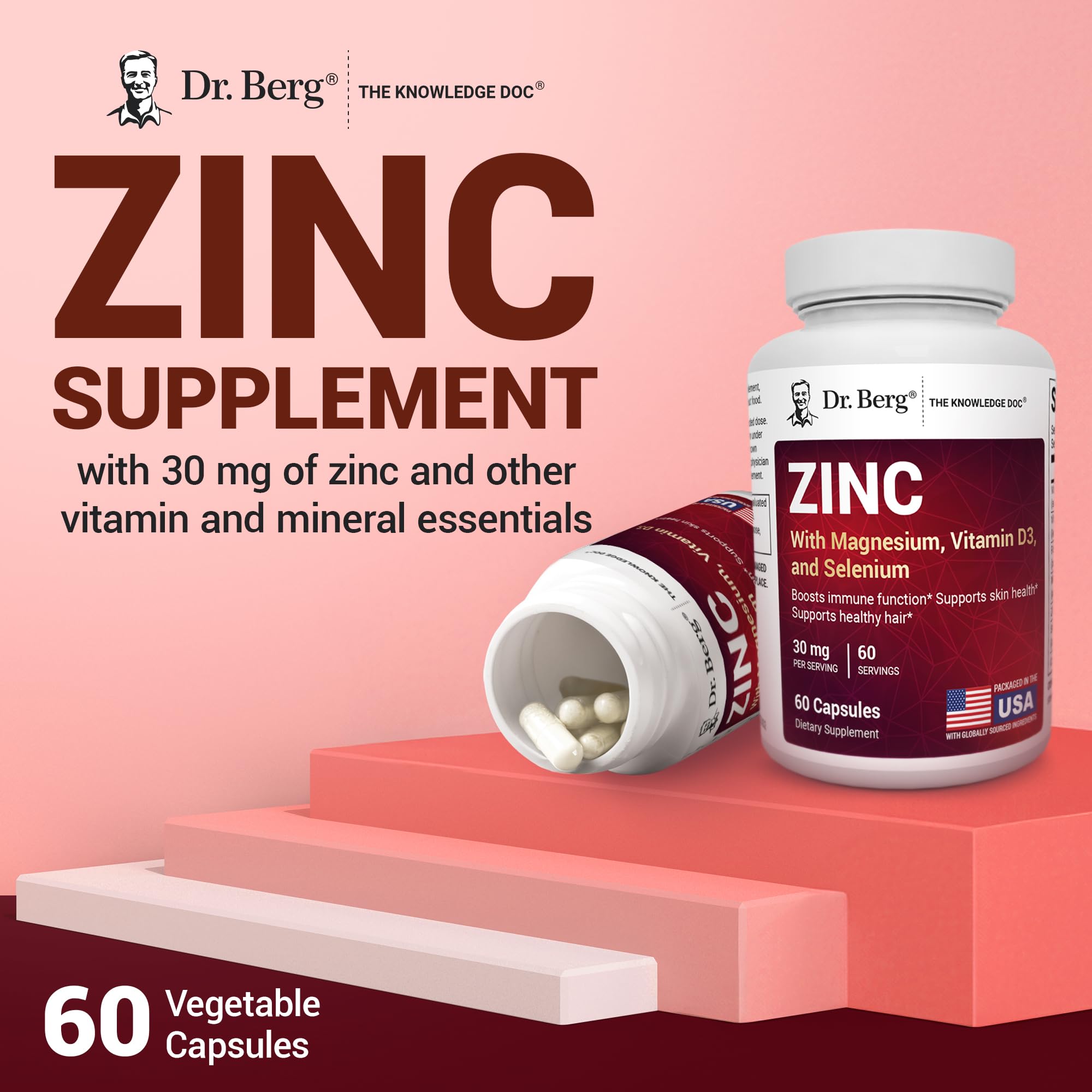Authentic Dr Berg zinc 30mg capsule container showing daily dosage instructions