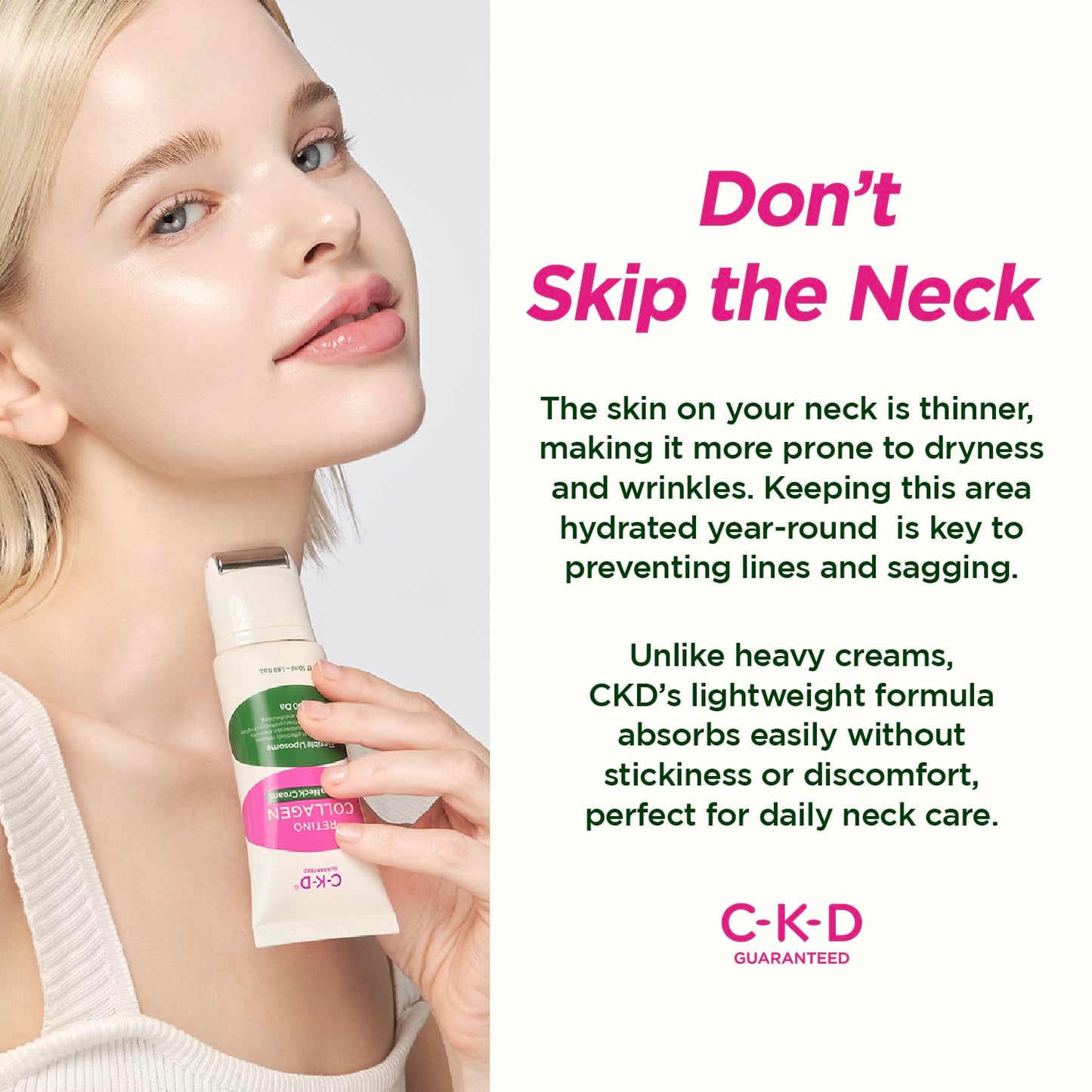 CKD Retino Collagen neck cream applying to neck with roller