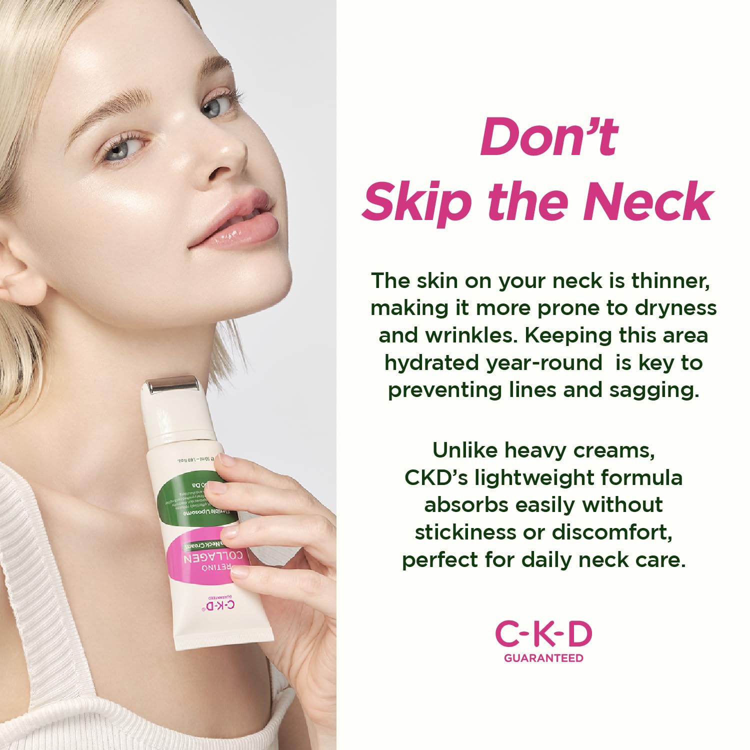 CKD Retino Collagen neck cream applying to neck with roller