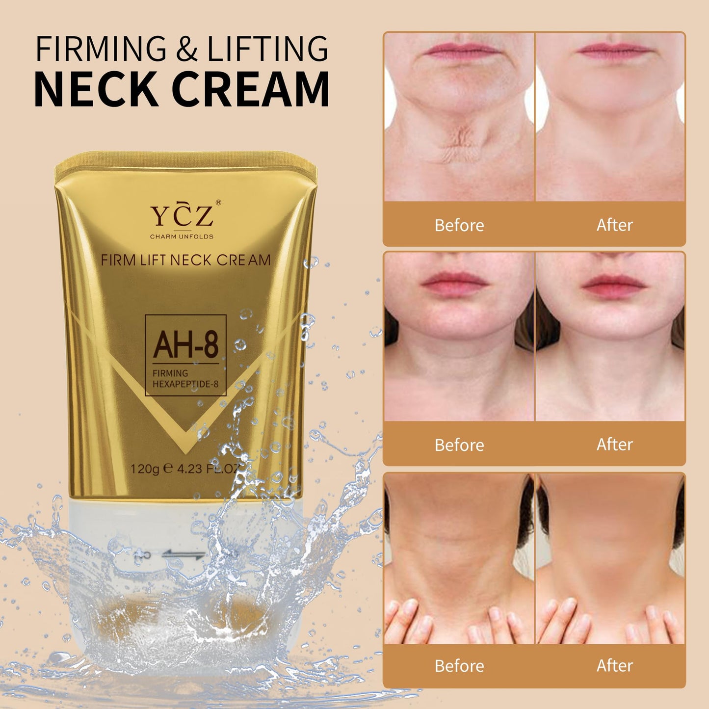 Ycz AH-8 Firming Neck Cream packaging showing gold box and tube