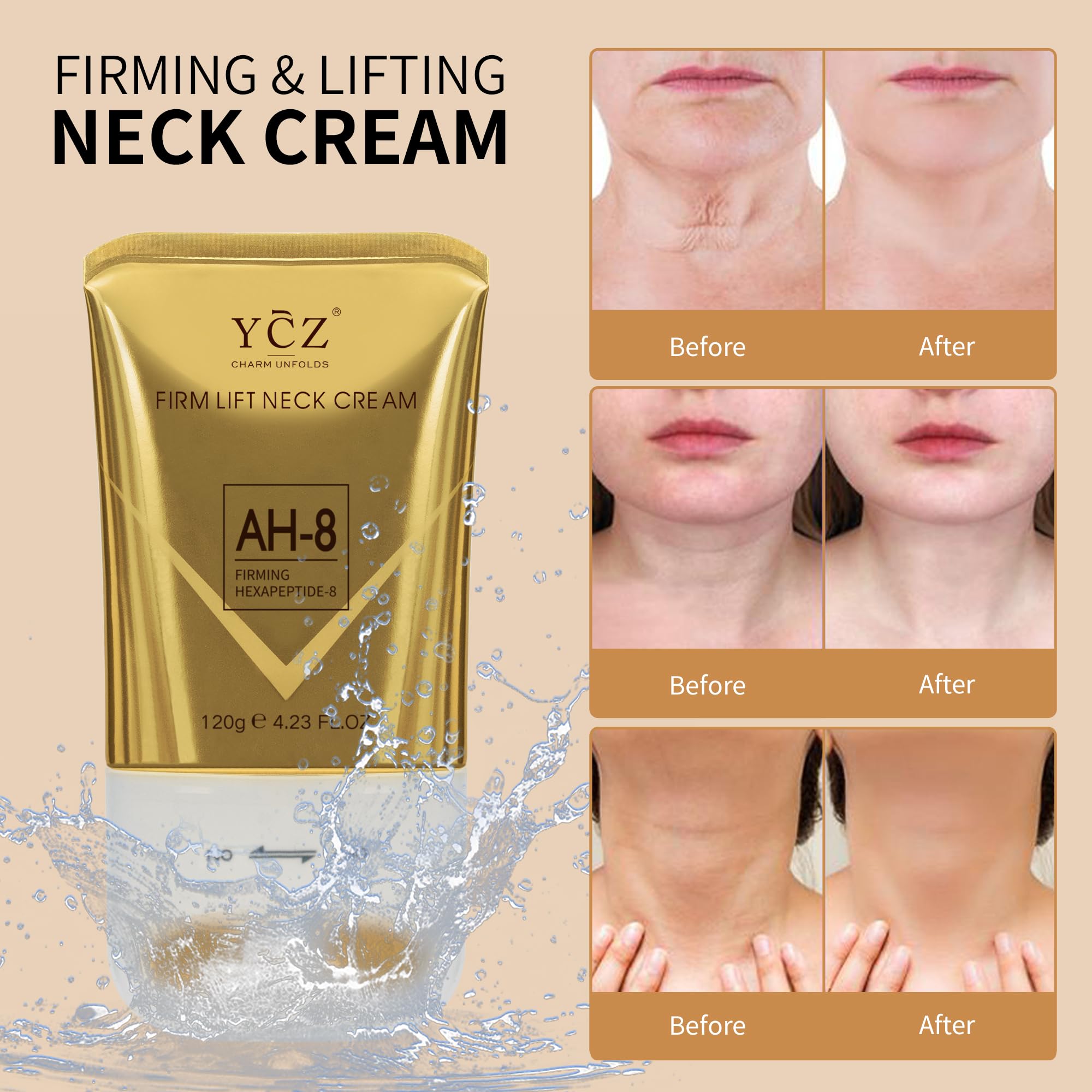 Ycz AH-8 Firming Neck Cream packaging showing gold box and tube
