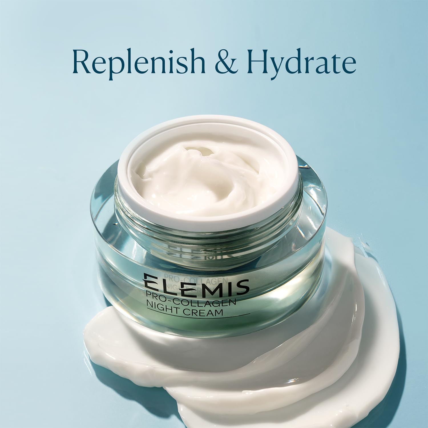 ELEMIS Pro-Collagen Night Cream fifty milliliter packaging jar next to the premium silver lid