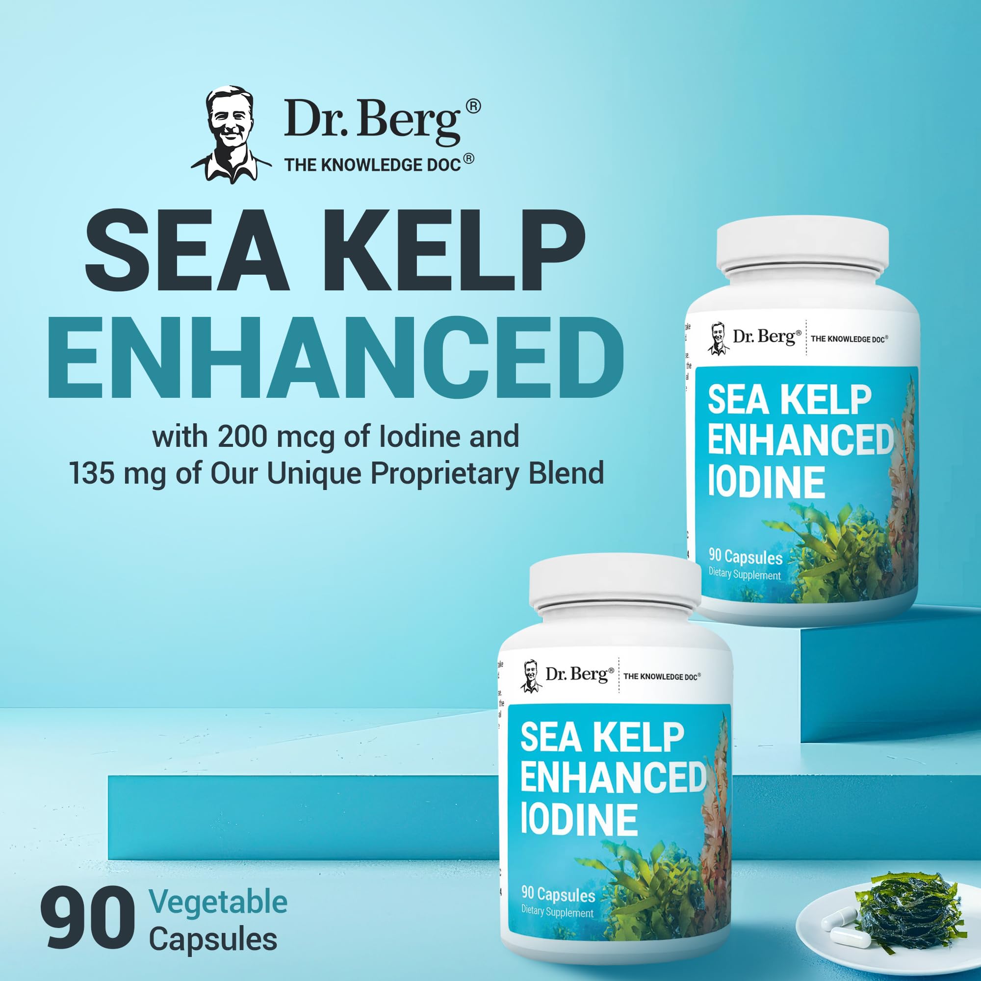 Capsules of Dr. Berg Sea Kelp Enhanced Iodine for metabolic health