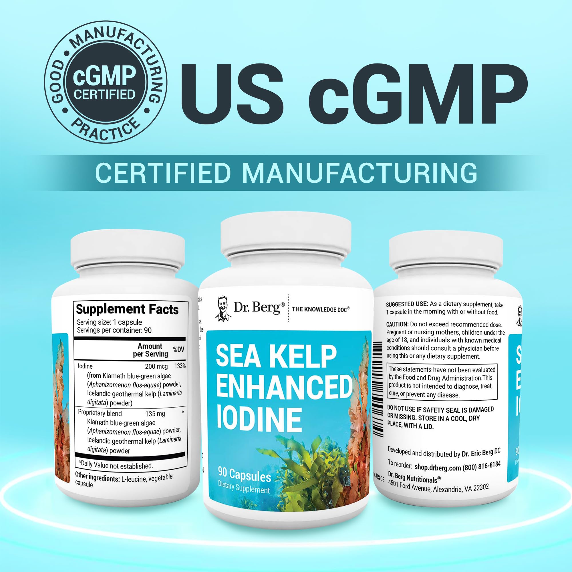 Dr. Berg Sea Kelp Enhanced Iodine bottle next to ingredients text