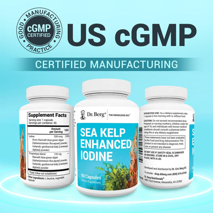 Dr. Berg Sea Kelp Enhanced Iodine bottle next to ingredients text