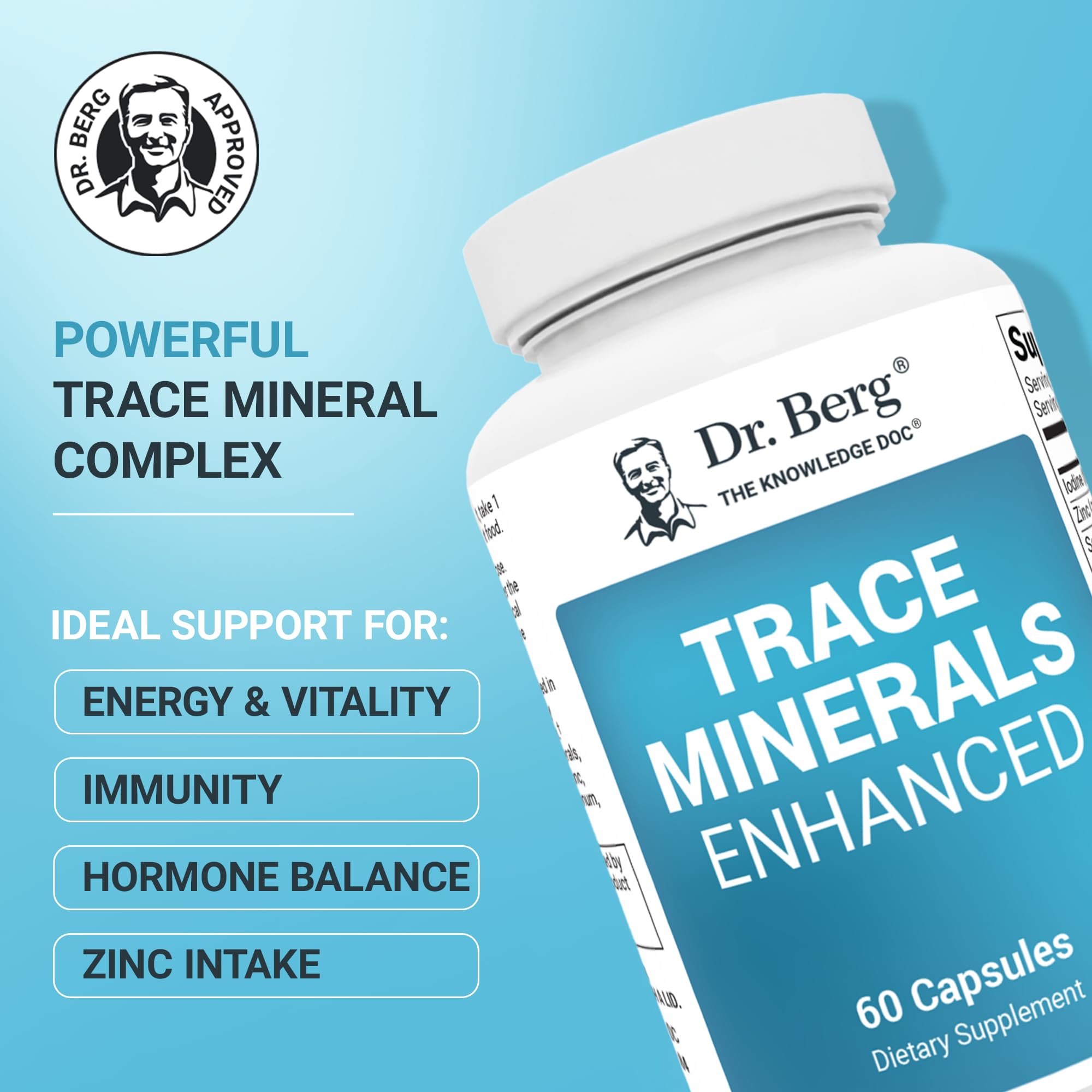 Dr. Berg plant derived trace mineral supplement bottle showing the seventy plus mineral blend details.