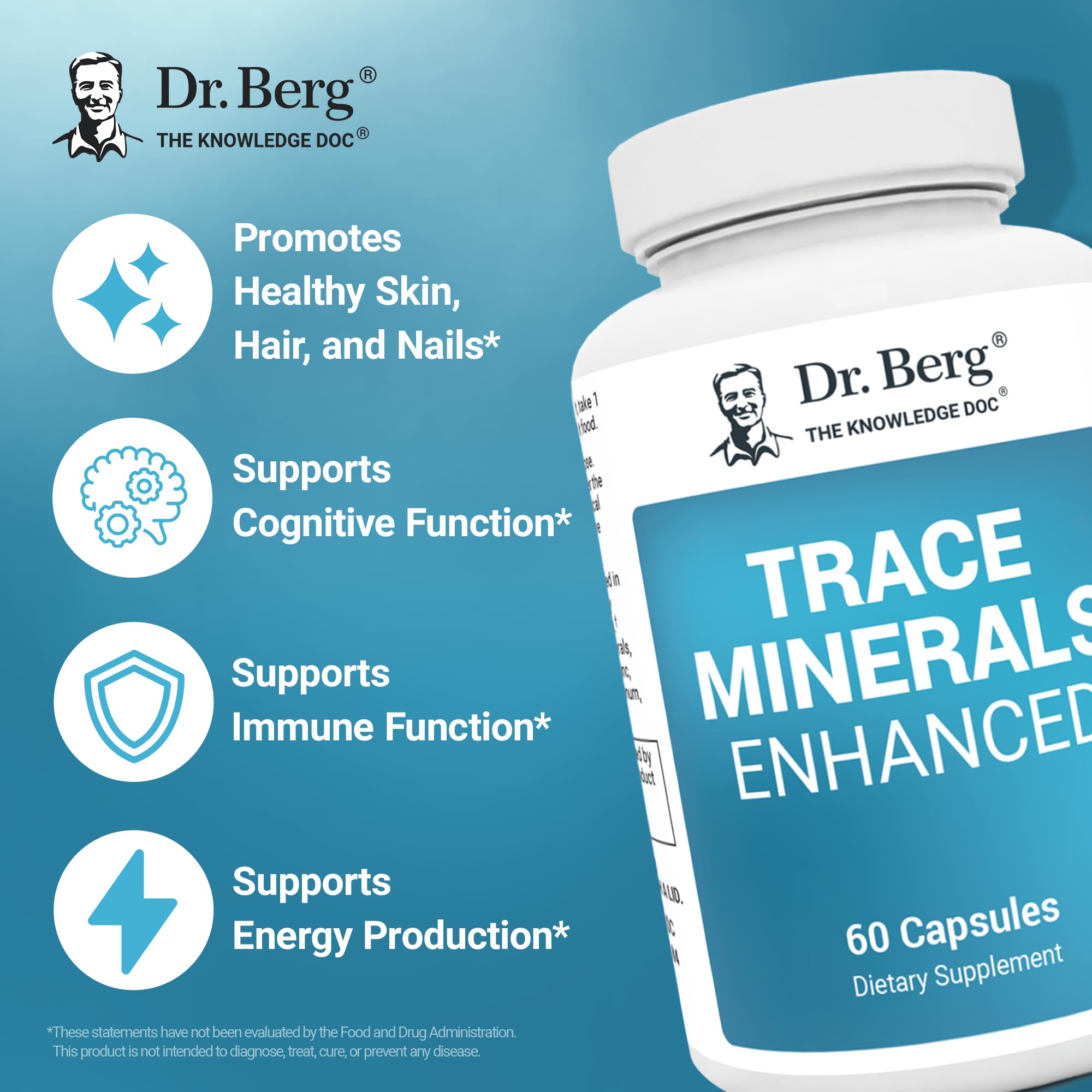 Side angle of Dr Berg Nutritionals trace minerals enhanced complex highlighting the ten milligrams zinc benefit.