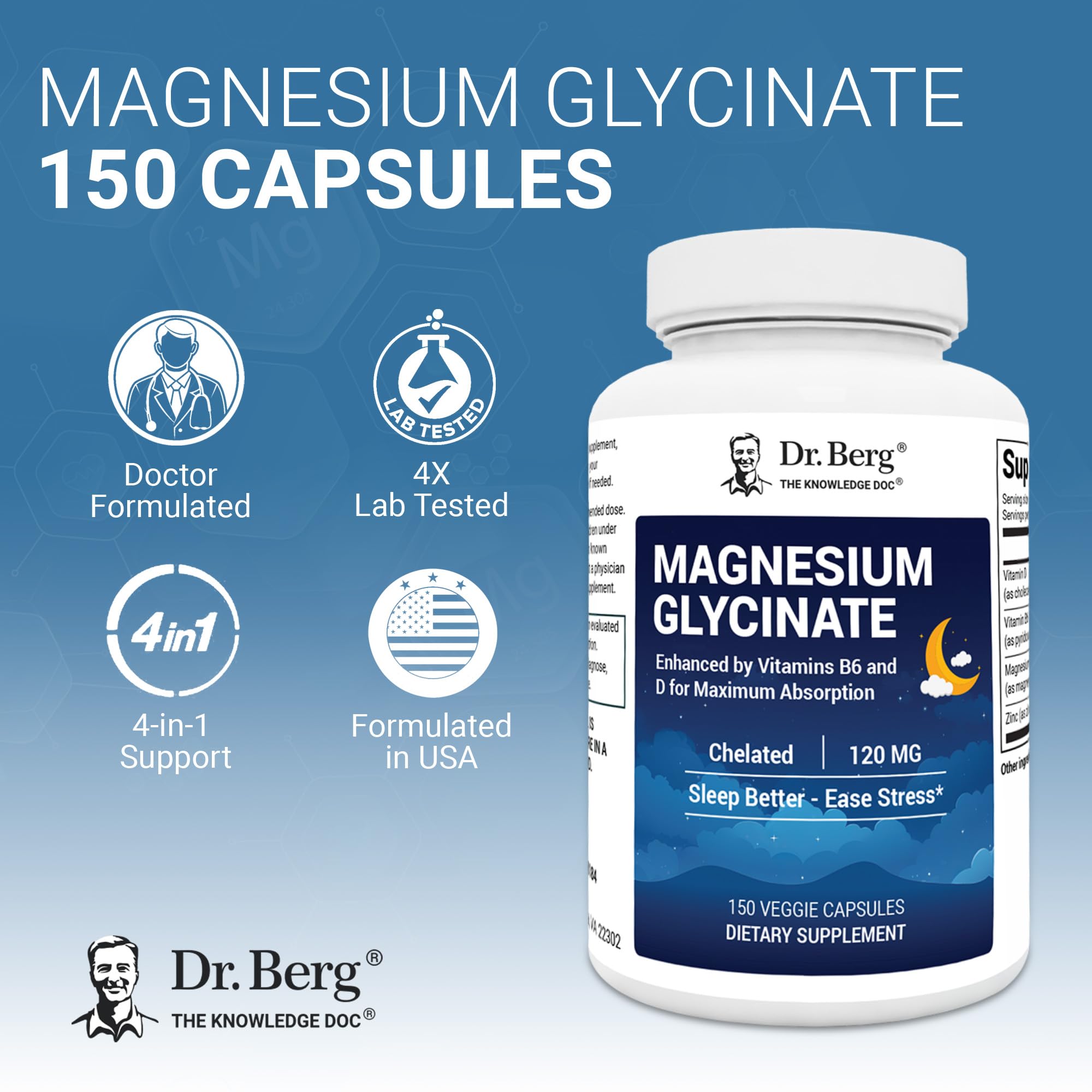 Dr Berg Magnesium Glycinate supplement panel facts displaying 4-in-1 mineral ingredients
