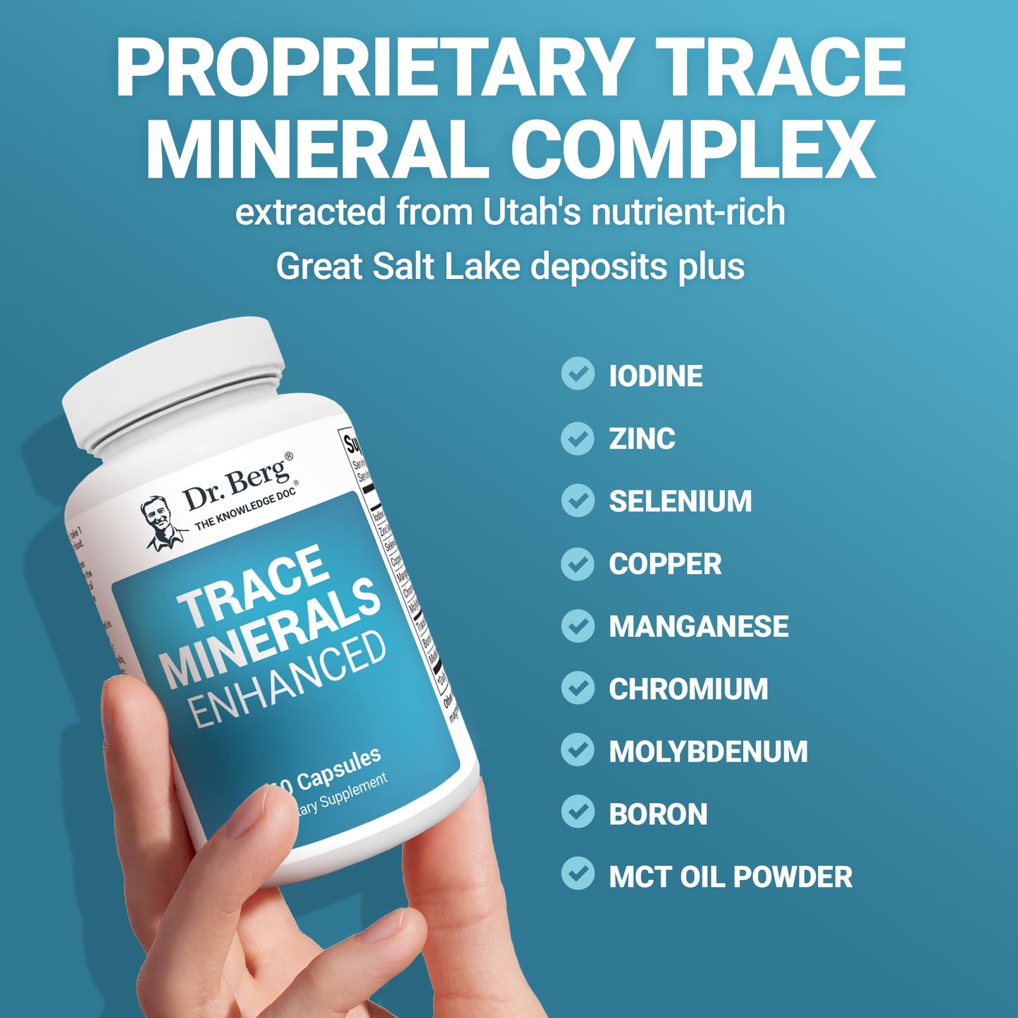 Dr Berg trace minerals enhanced complex sixty vegetarian capsules packaging for hair skin and nail health.