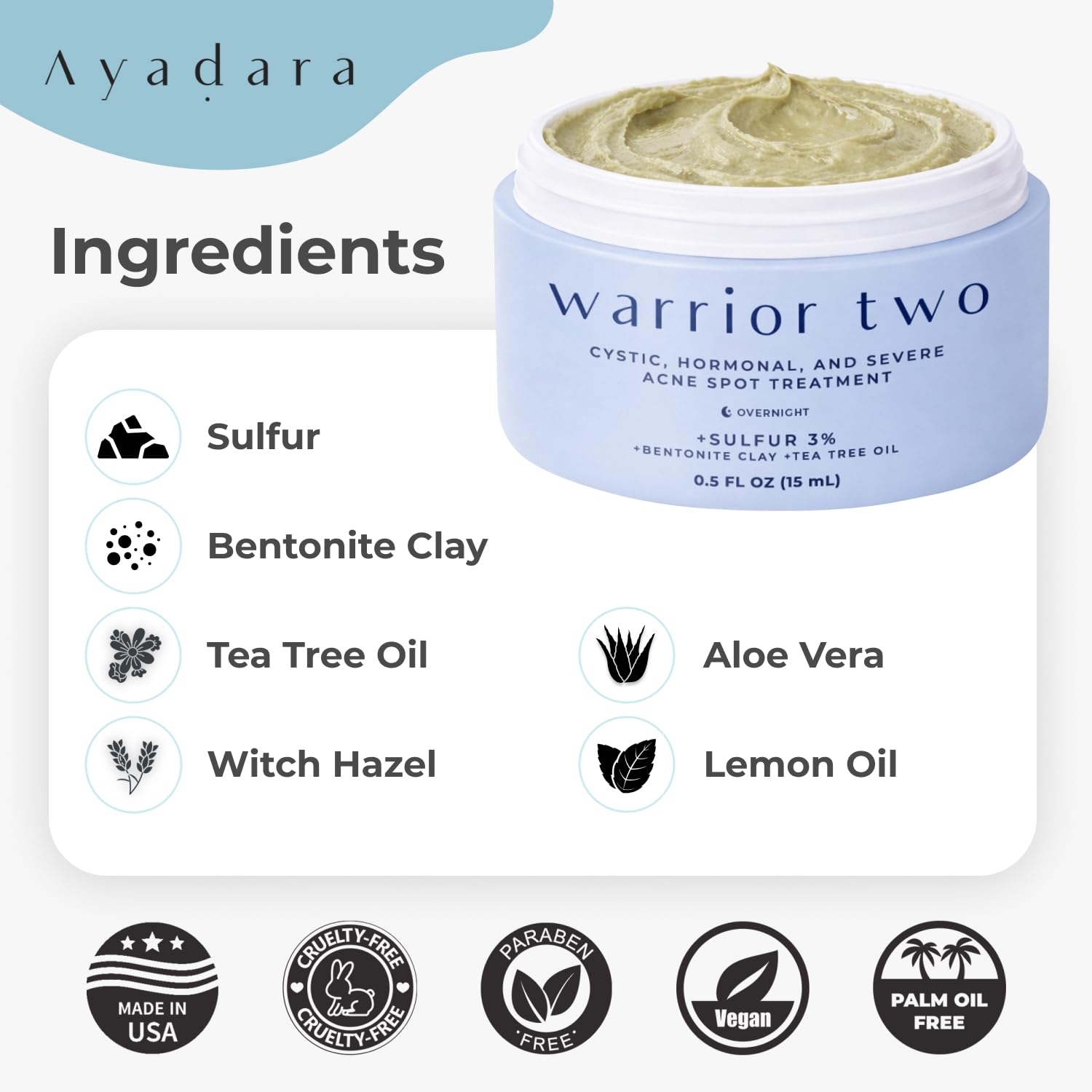 Ayadara cystic acne treatment product packaging showing authentic USA imported skincare label