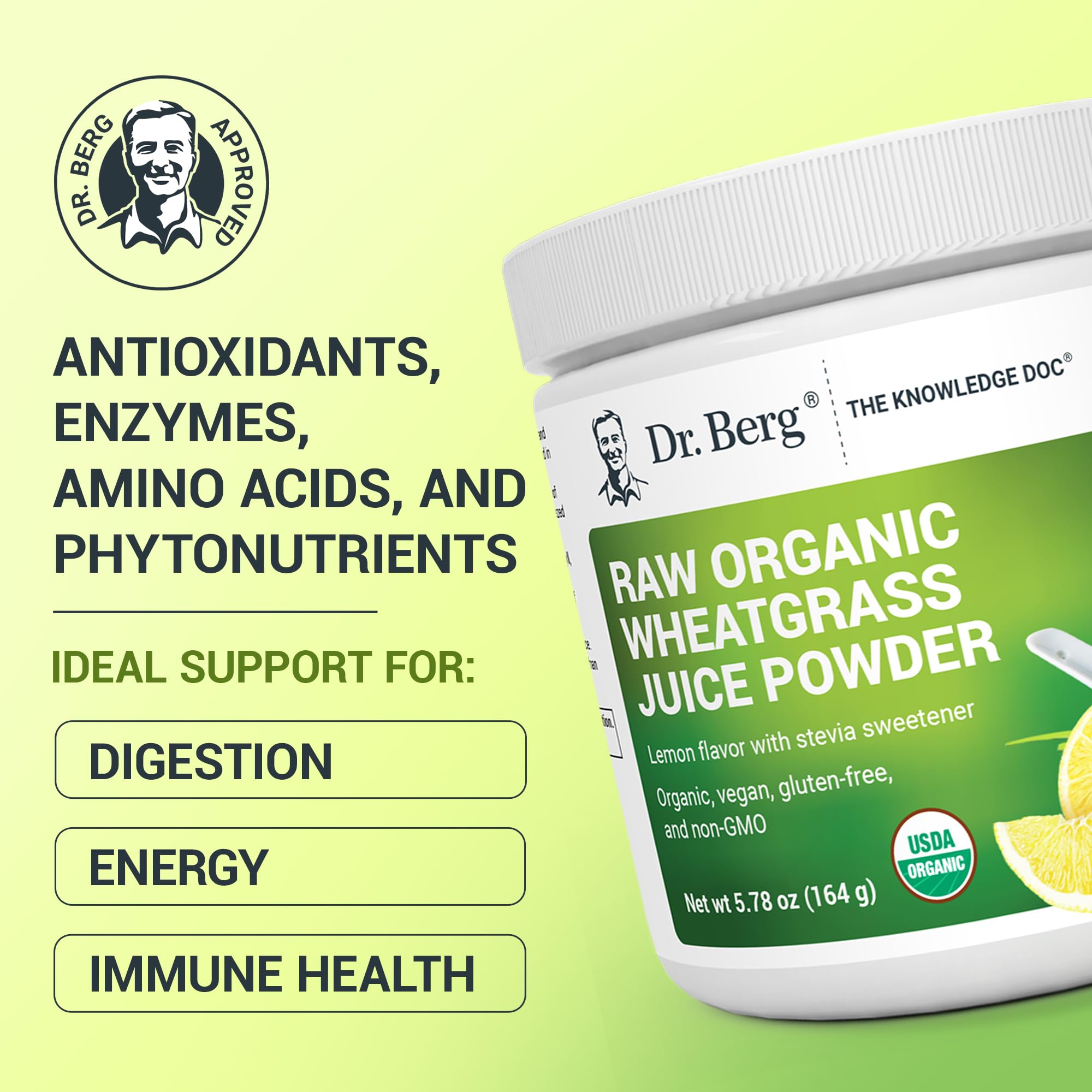 Dr. Berg USDA Organic Green Superfood Lemon Flavor powder jar showing nutritional facts and clean ingredients