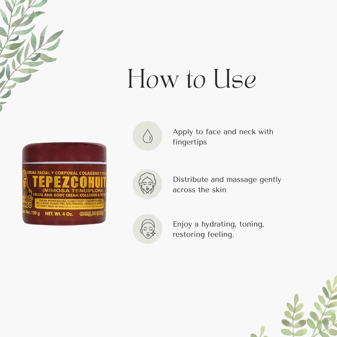 Side view of Del Indio Papago Tepezcohuite anti-aging cream container highlighting product weight and skincare benefits.
