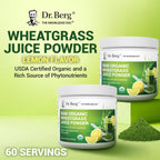 Side angle of Dr. Berg raw organic wheatgrass lemon flavor jar showing directions for use and serving size