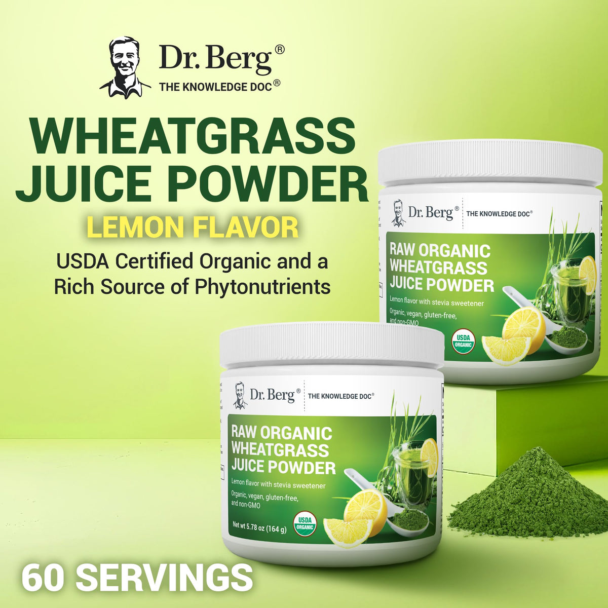 Side angle of Dr. Berg raw organic wheatgrass lemon flavor jar showing directions for use and serving size