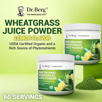 Side angle of Dr. Berg raw organic wheatgrass lemon flavor jar showing directions for use and serving size