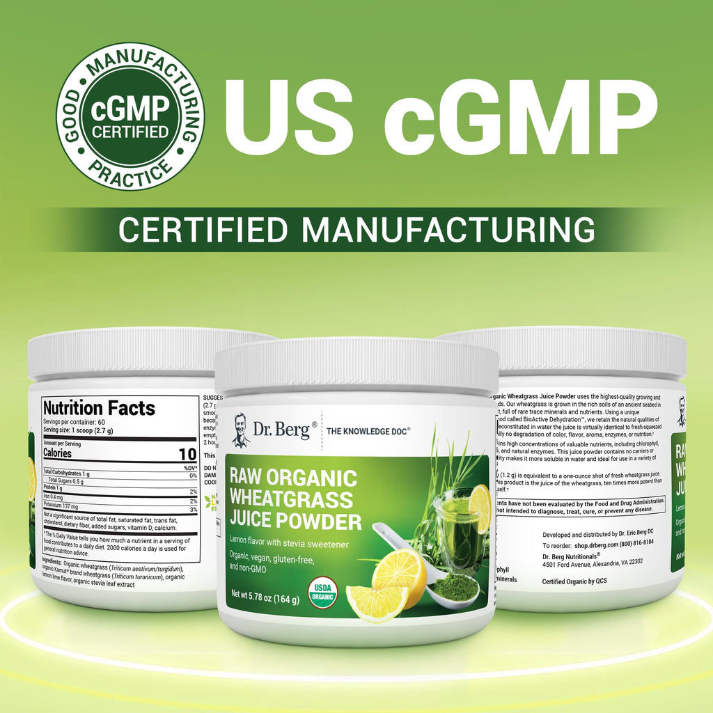 Dr. Berg Nutritionals superfood green powder jar showcasing bioactive dehydration tech and Kamut logos
