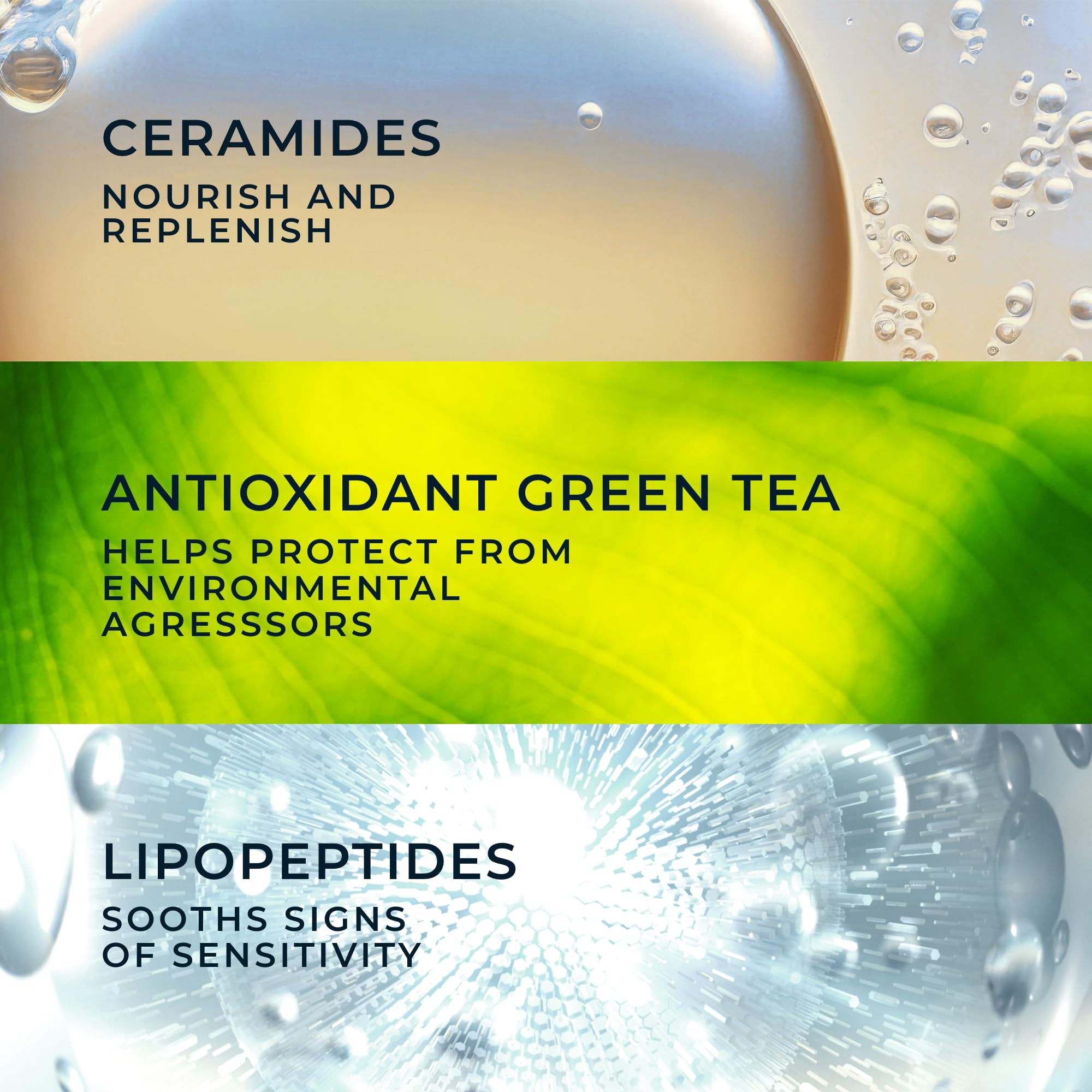 RoC skincare barrier renew cream showing key ingredients ceramides and green tea